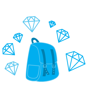 Knapsack logo - A blue knapsack with gems floating around